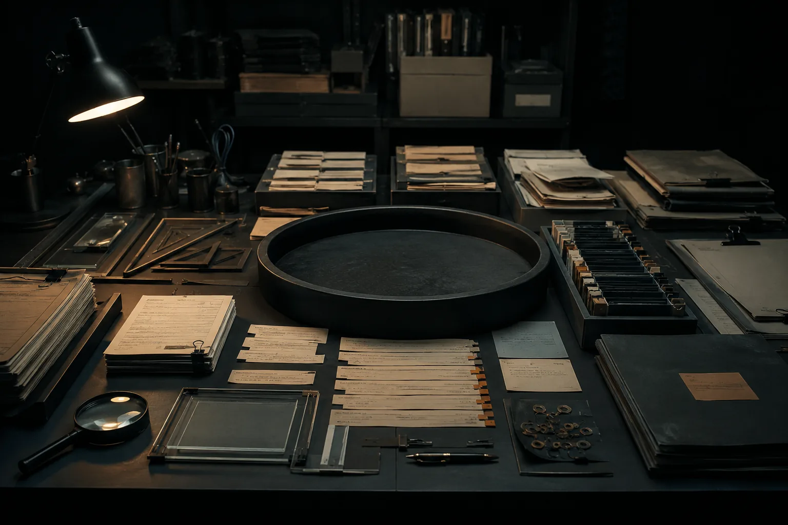 Dark lab table with archive folders, instruments and a circular data tray.