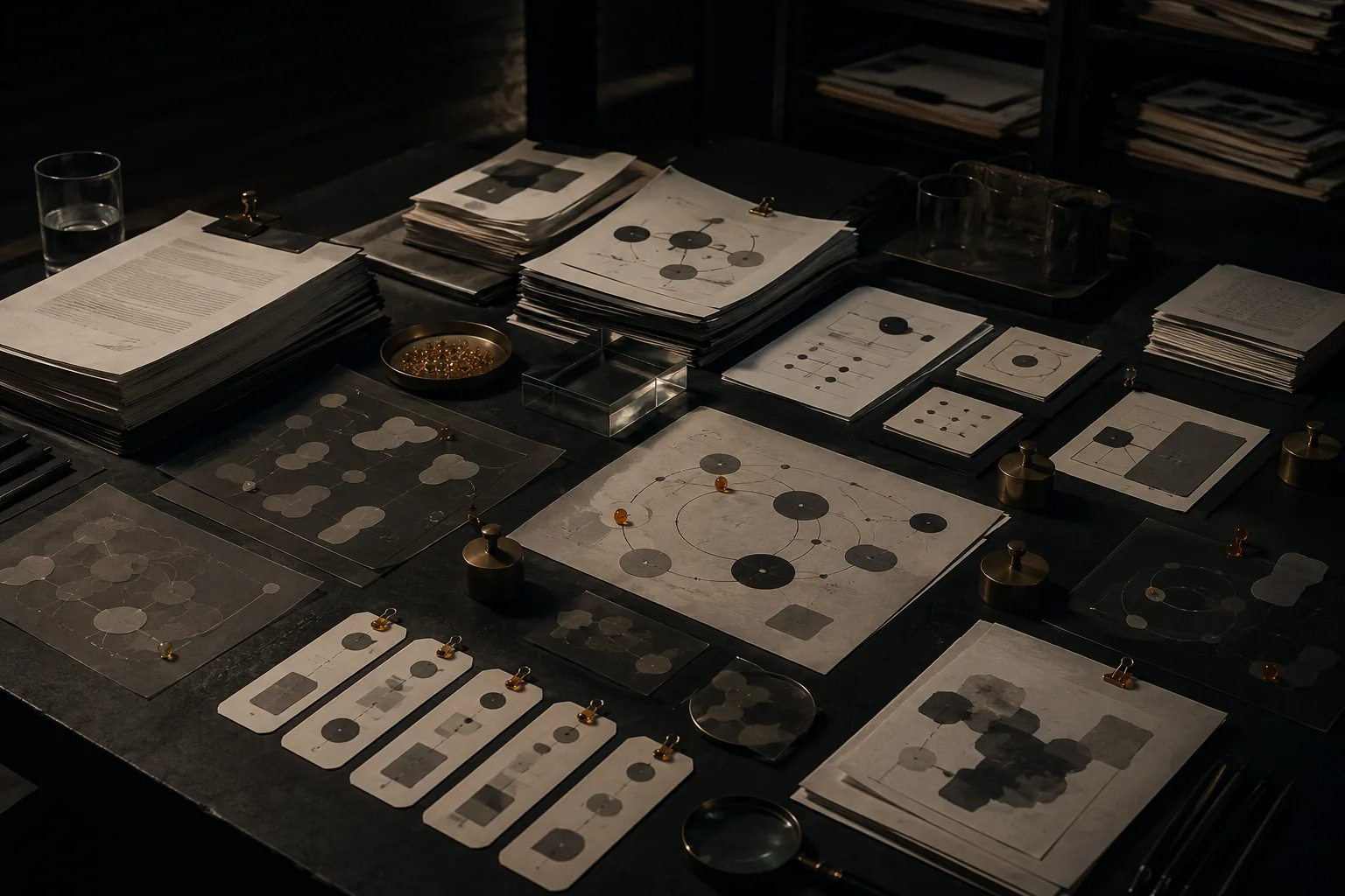 Dark behavioural research table with clustered cards, reports and brass markers.