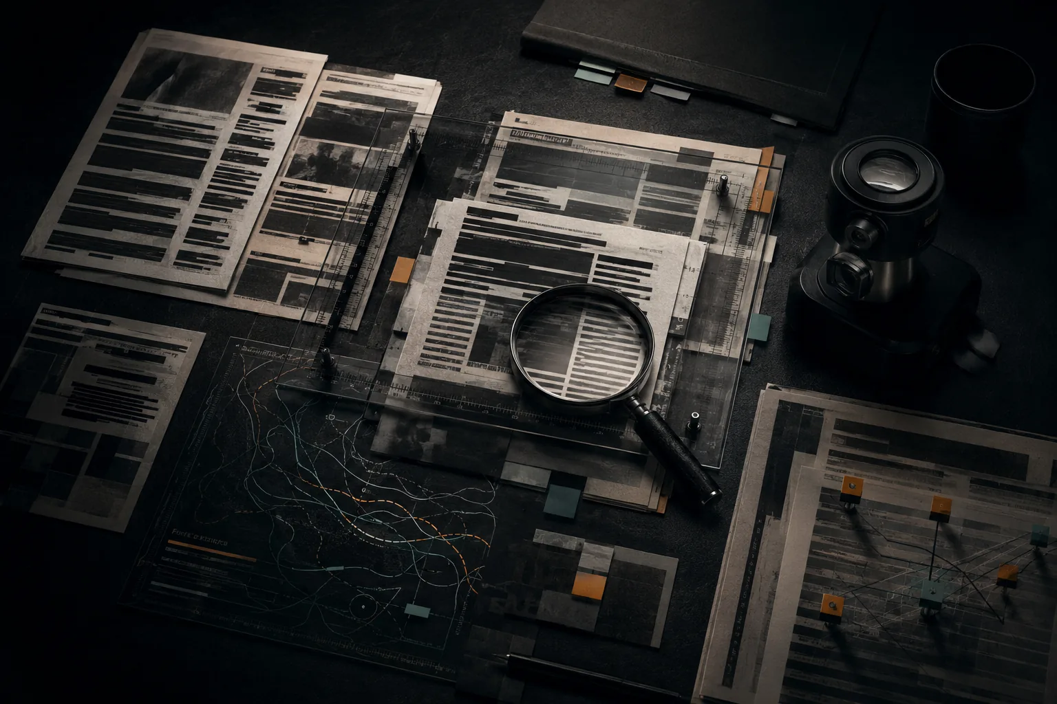 Dark source criticism table with redacted documents, magnifier and analysis overlays.