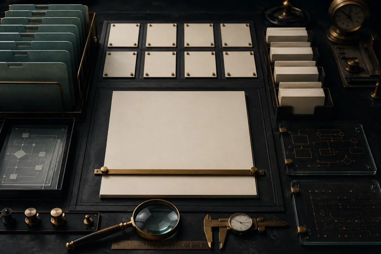 Dark Nordic instruction-control table with rule plates, folders, overlays and a blank answer sheet held by a brass stop bar.