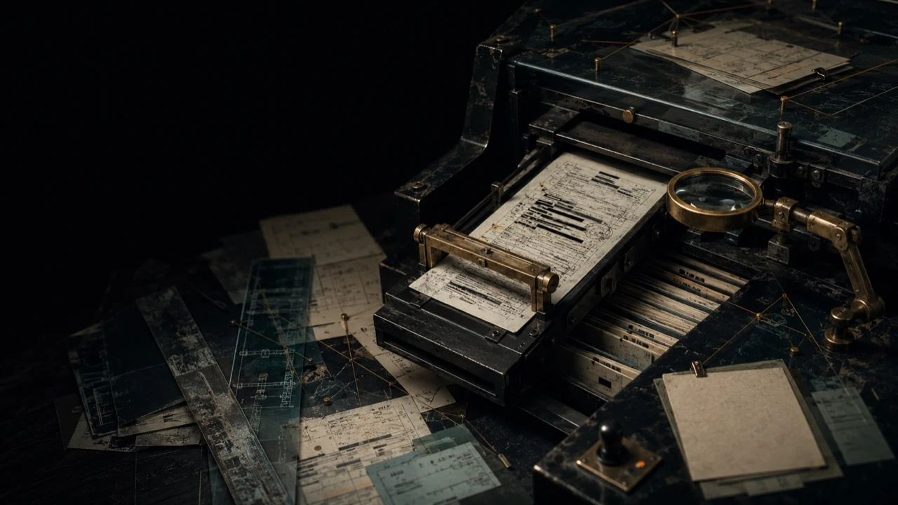Dark archive synchronization apparatus with a redacted source document, index drawers and a brass inspection lens.